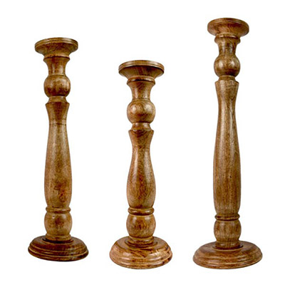 Set Of 3 Wooden Candle Sticks Burnt Finish - Click Image to Close